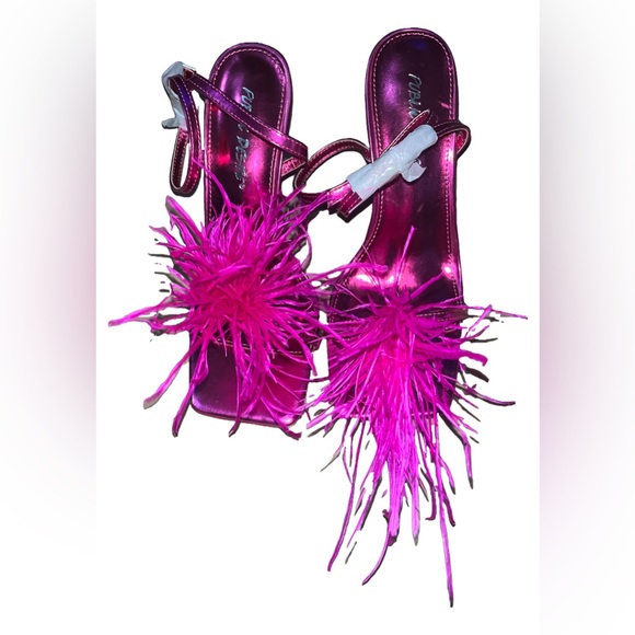Hot Pink Fluffy Feather Ankle Straps Heels - Picture 3 of 5